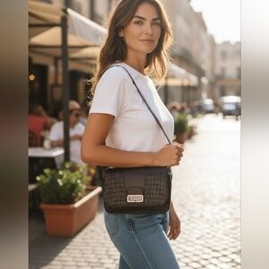 Vintage Brighton Black Messenger Bag with Crocodile Texture-EUC